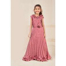Hot Pink Girls Layered & Flared Flowery Bottom Stylish Gown
