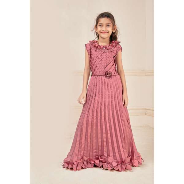Hot Pink Girls Layered & Flared Flowery Bottom Stylish Gown