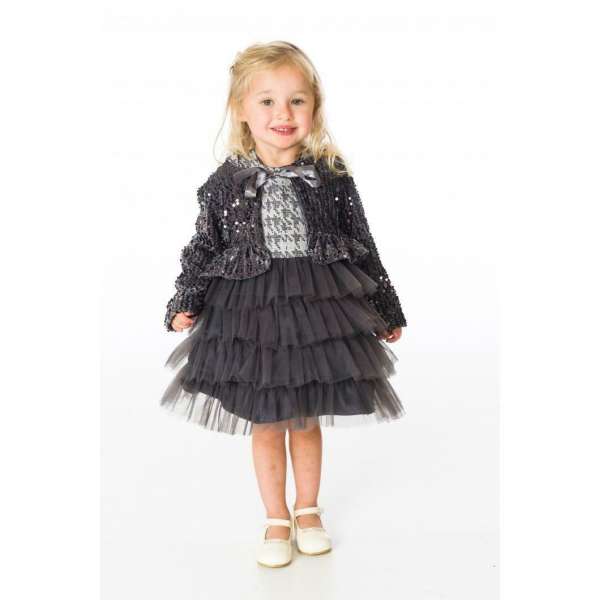 SILVER GREY KIDS GIRLS DRESS WITH SEQUIN VELOUR BOLERO JACKET 1-5 Yrs