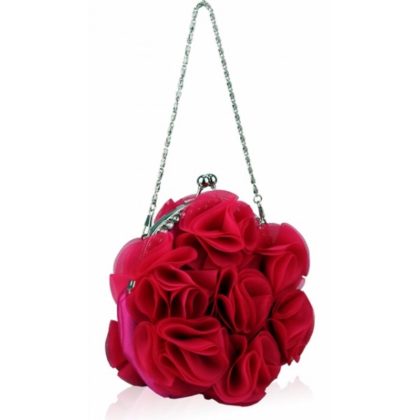 Stunning Red Pink Crystal Frame Rose Satin Clutch/Evening Bag