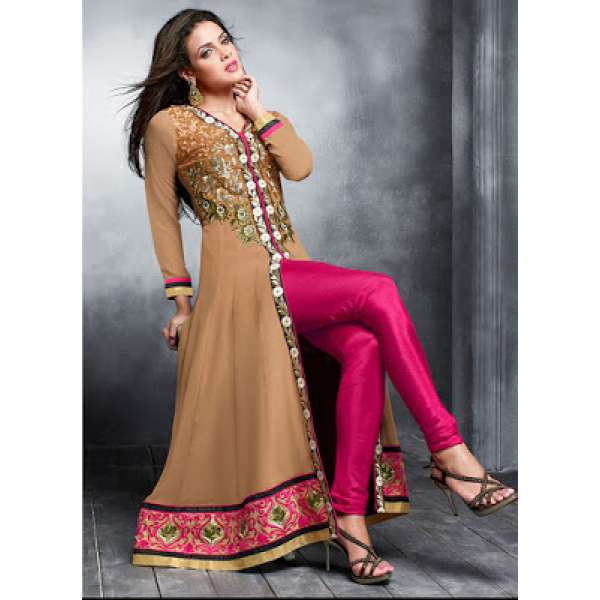 Brown and Magenta Georgette Embroidered Slit Style Anarkali Suit