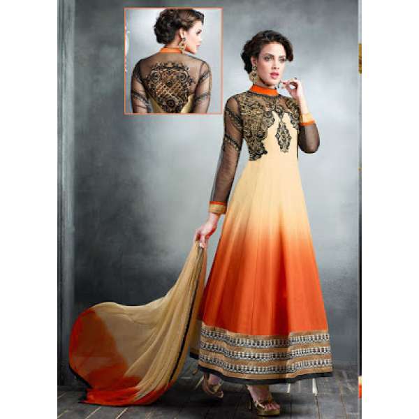 Beige and Orange Georgette Embroidered Slit Style Anarkali Suit