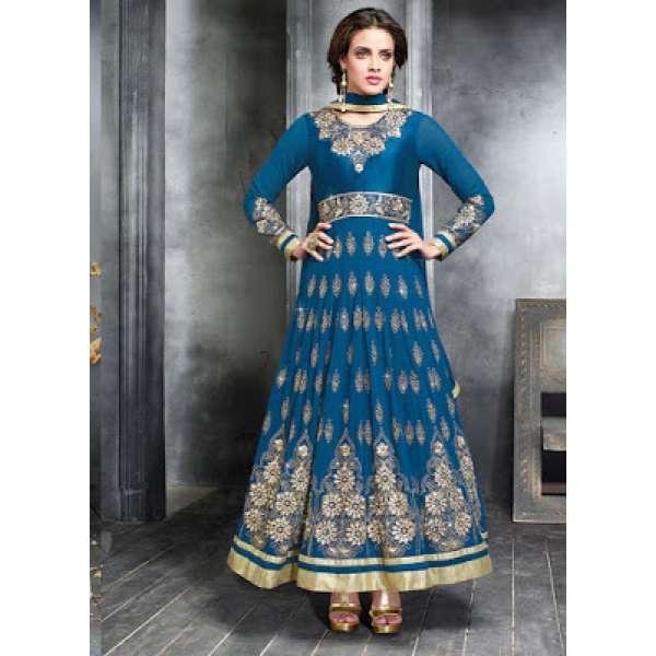 Teal Blue Georgette Embroidered Slit Style Anarkali Suit