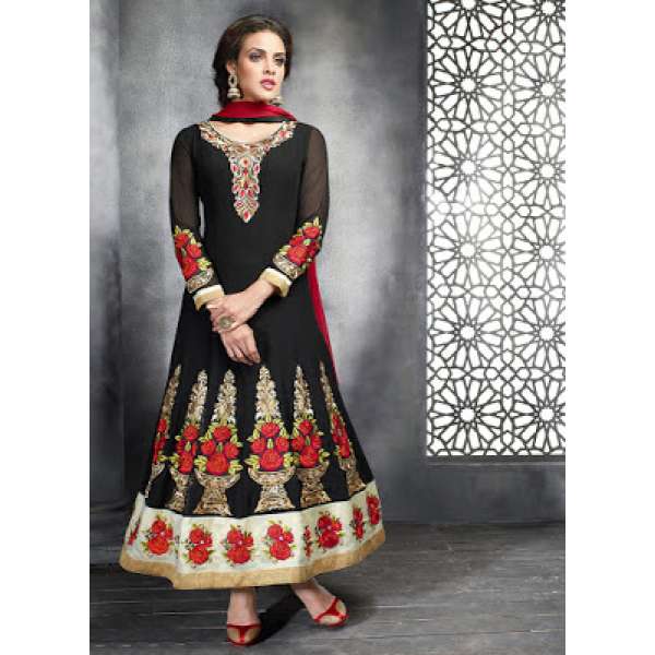 Black Georgette Embroidered Slit Style Anarkali Suit