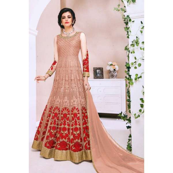 Peach Red Net Heavy Embroidered Floral Anarkali Gown