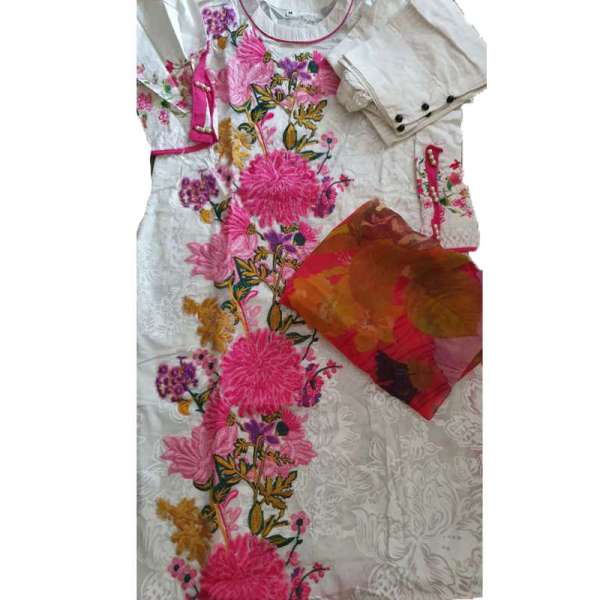 White Pink Contrast Brocade Embroidery Designer Pakistan Capri Suit