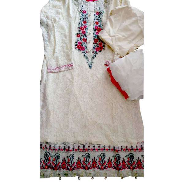 Luxury Gold Cream Net Pink Embroidery Salwar Suit