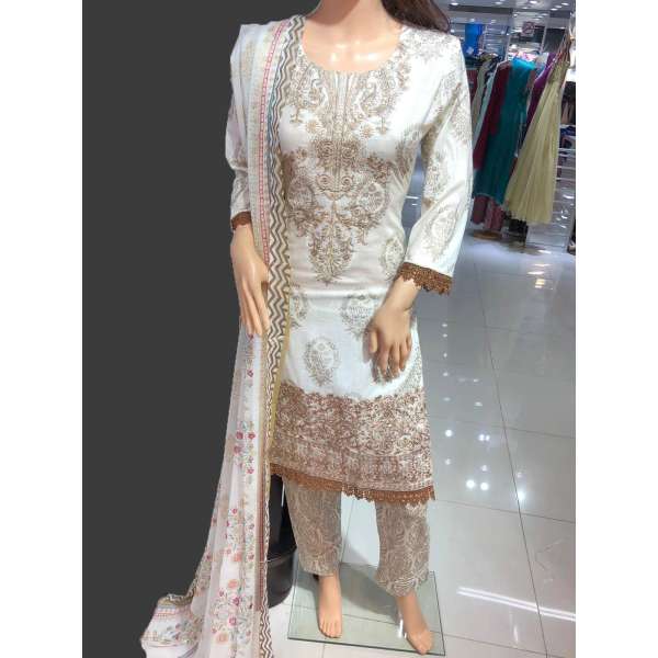 Cream Pakistani Designer Readymade Embroidered Lawn Salwar Kameez