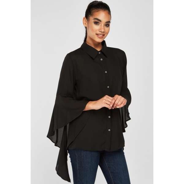 Girls’ Black Flute Sleeve Designer Chiffon Shirt