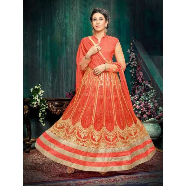 Orange Ethnic Anarkali Dress Bollywood Karishma Kapoor Indian Outfit