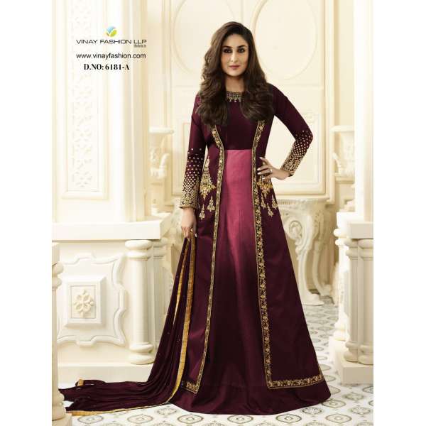 Plum Embroidered Anarkali Jacket Suit Indian Evening Dress