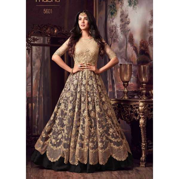 Beige & Black Bridesmaid Dress Pakistani Designer Long Frock Suit