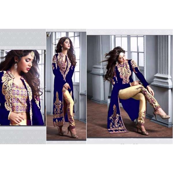 ZM20004-A BLUE AND GOLD GEORGETTE PARTY WEAR ANARKALI SUIT