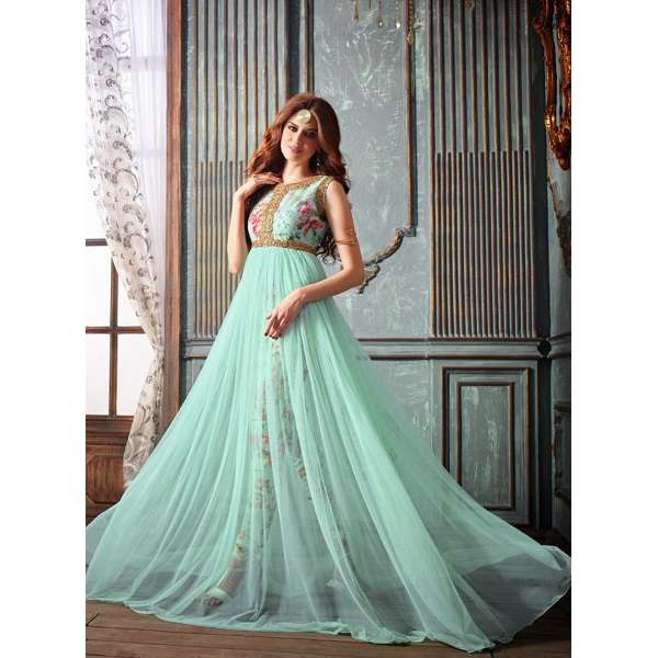 Mint Net Embroidered Indian Party Maxi Indian Party Dress