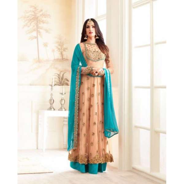Peach & Blue Indian Wedding Suit Elegant Mehndi Dress