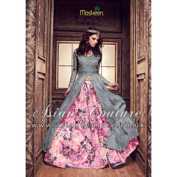 Grey Printed Anarkali Frock Party Wear Dress