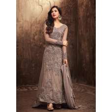 GREY BRONZE EMBELLISHED TAIL DESIGNER EVENING GOWN 