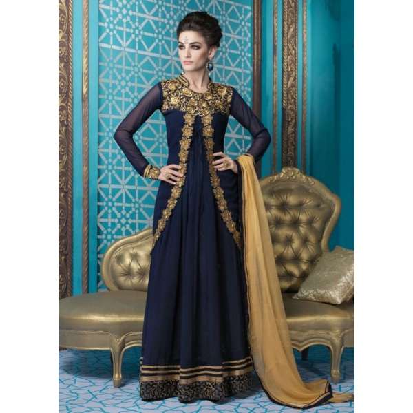 Navy Blue Jacket Gown Indian Anarkali Suit