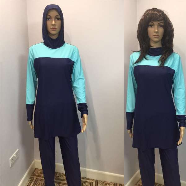Women's Long Sleeve Muslim Islamic Full Cover Navy Blue Costume Modest Swimwear Burkini