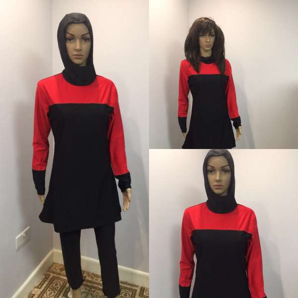 Red Long Sleeve Muslim Islamic Full Cover Black Costume Modest Swimwear Burkini