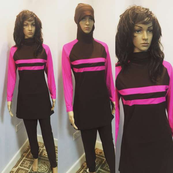 Pink Long Sleeve Muslim Islamic Full Cover Black Costume Modest Swimwear Burkini