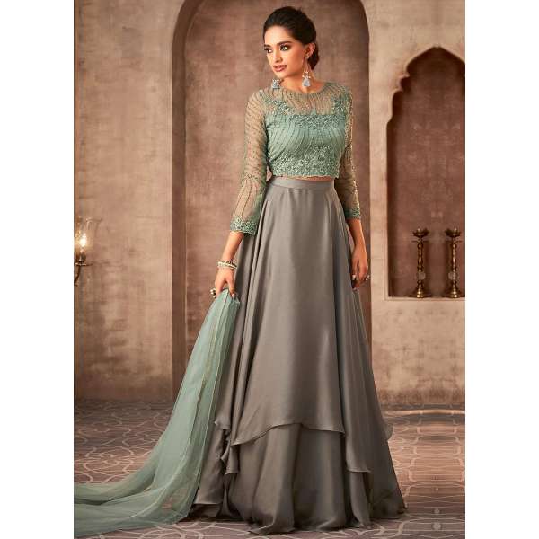 Green & Grey Wedding Wear Lehenga Dress