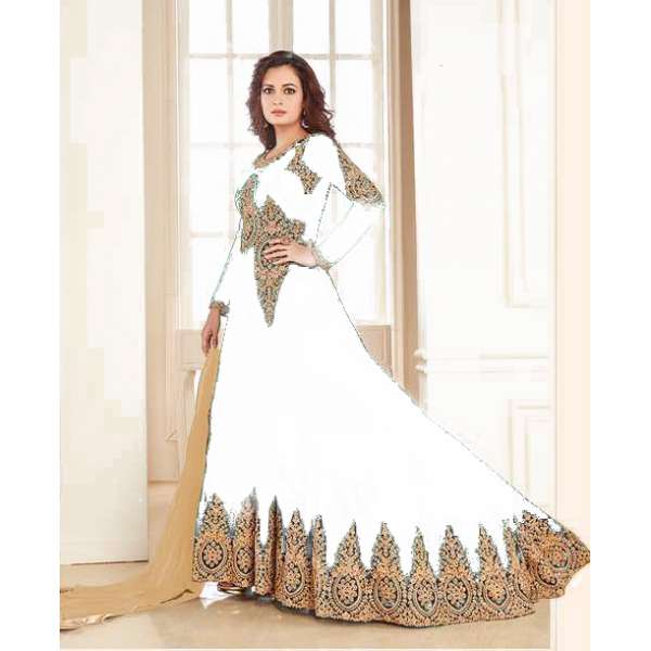 WHITE HEAVY EMBROIDERED FLOOR LENGTH ANARKALI DRESS