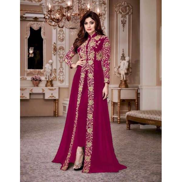 PINK BURGUNDY PAKISTANI DESIGNER SLIT STYLE ANARKALI SUIT 
