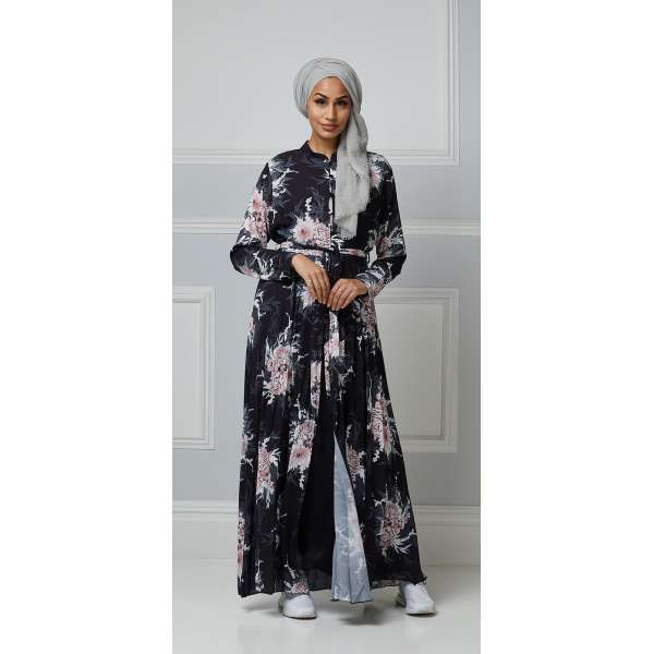 Black Open Abaya Floral Printed Maxi 