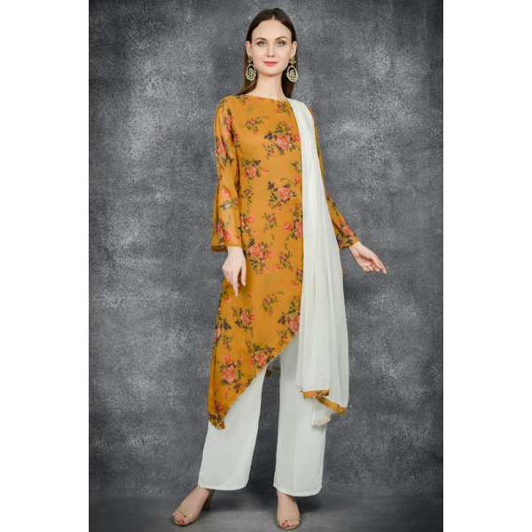 Mustard & White Side Slit Cut Salwar Kameez Suit