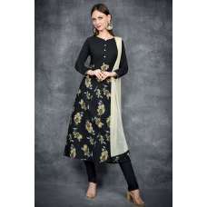 Black Floral Print Churidaar Suit