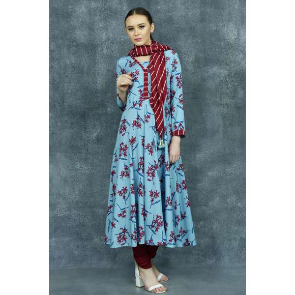 Faded Denim Floral Printed Churidar Suit