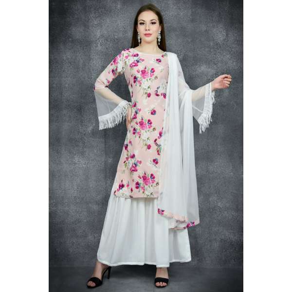 Pink & White Floral Printed Readymade Sharara Suit