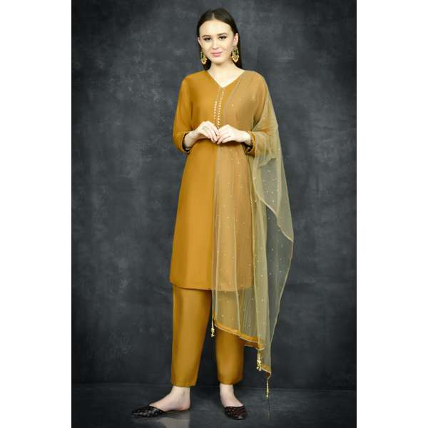 Mustard Straight Cut Kurti & Trouser Suit Set