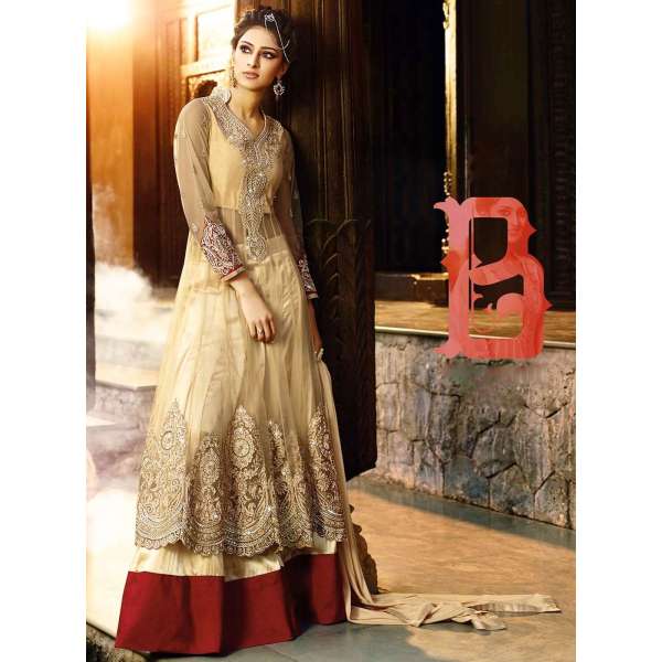 7107 BEIGE AAFREEN DESIGNER NET LEHENGA STYLE ANARKALI SUIT