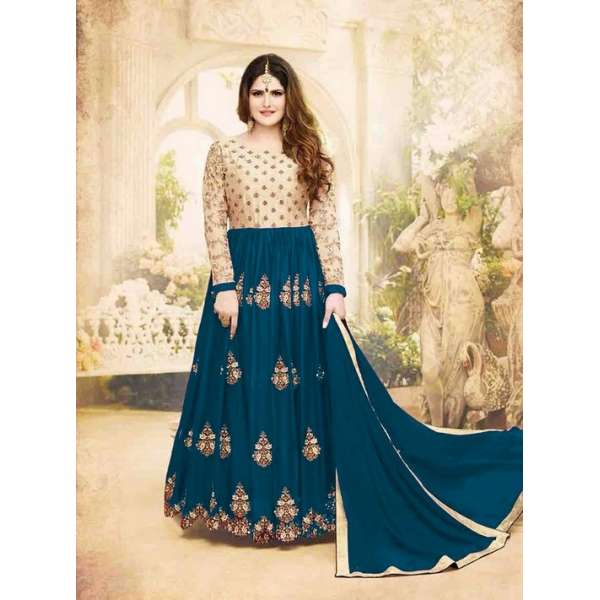 Beige Teal Blue Party Anarkali Frock