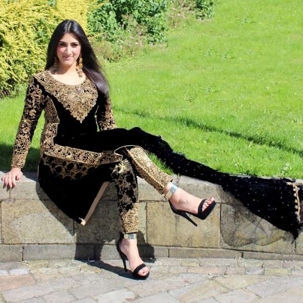 STUNNING VELVET WINTER WEAR EMBROIDERED GOLD BORDER SUIT ( IN STOCK TODAY  )