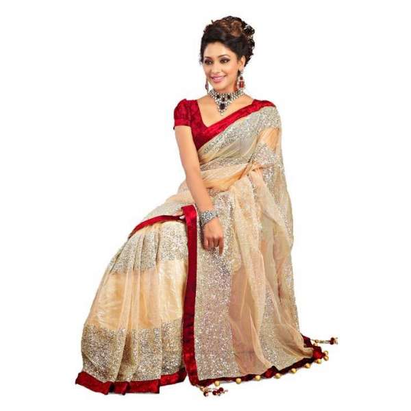 Z Cream embroidred net designer half saree with blouse