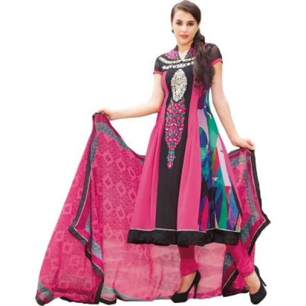 Black & Pink Georgette Frock Churidar Suit