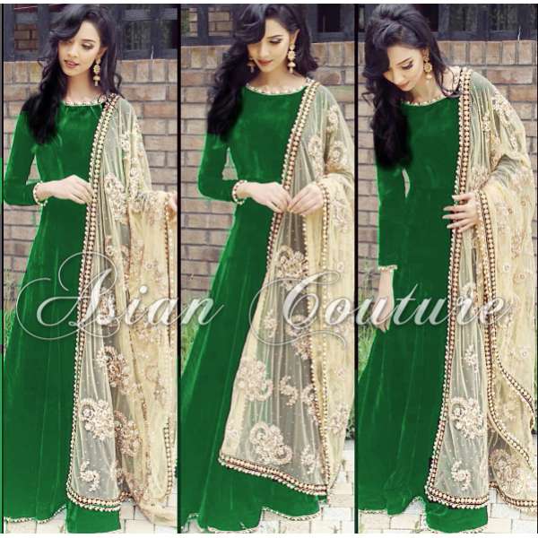 Green Designer Gown, Maxi Dress With Heavy Scarf 