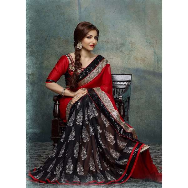 SOHA ALI KHAN BLACK AND RED PATCH BORDER DESIGNER SAREE