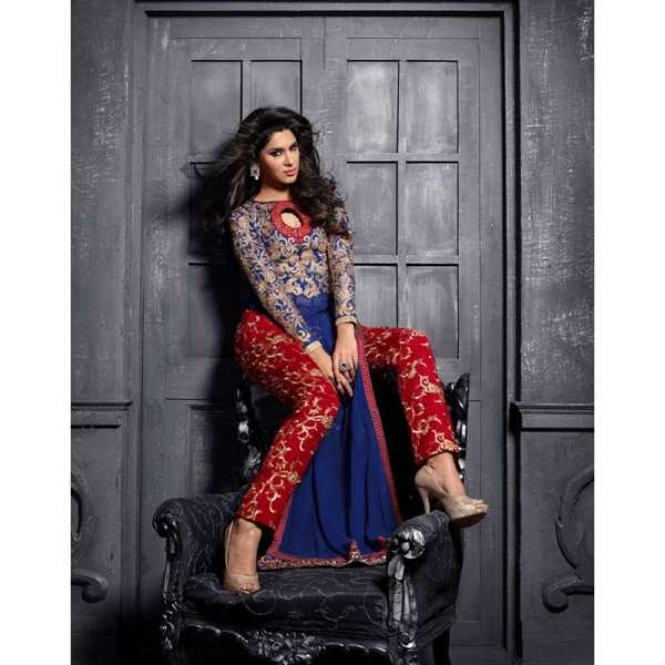 ZMS12010 Blue and Red MAISHA MASKEEN ADDICTION Designer Shalwar Suit