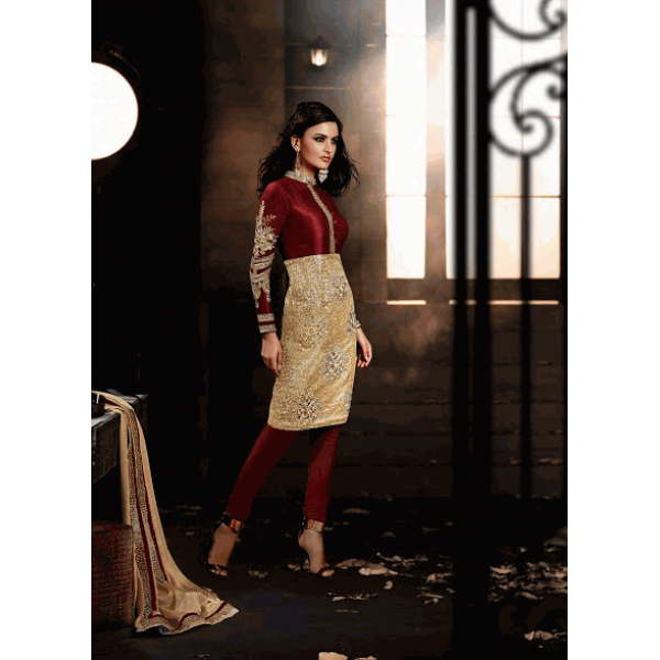 Z5033G Maroon and Gold HEROINE Straight Cut Designer Dress