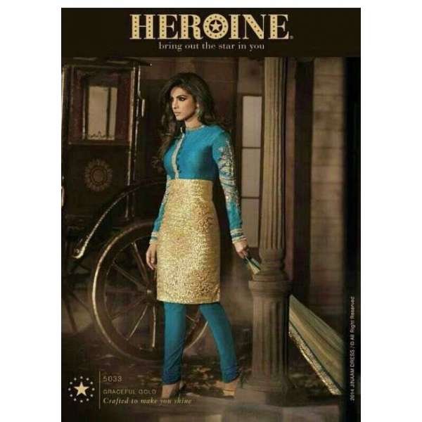 Sea Blue with Gold priyanka chopra HEROINE Straight Cut Designer Dress 