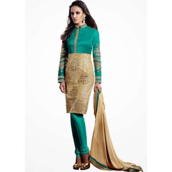 Sea Green and gold HEROINE Straight Cut Designer Dress 