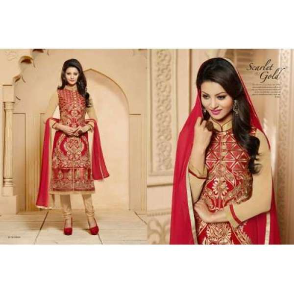 Red and Golden KEYAS 4 GEORGETTE LONG LENGTH STRAIGHT SUIT
