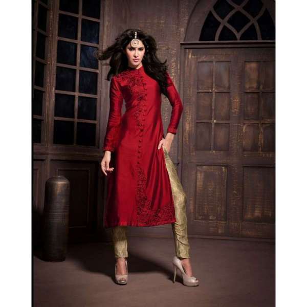 ZA14003 Red and Gold Maskeen Anaya senora Embroidered Designer Dress