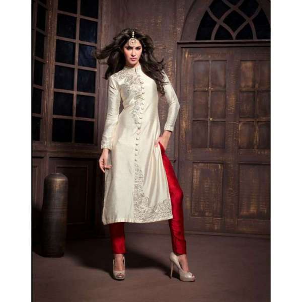 White and Red Maskeen Anaya senora Embroidered Designer Dress