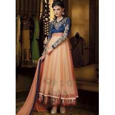 Mehak Blue and Orange Net Long Length Designer Dress