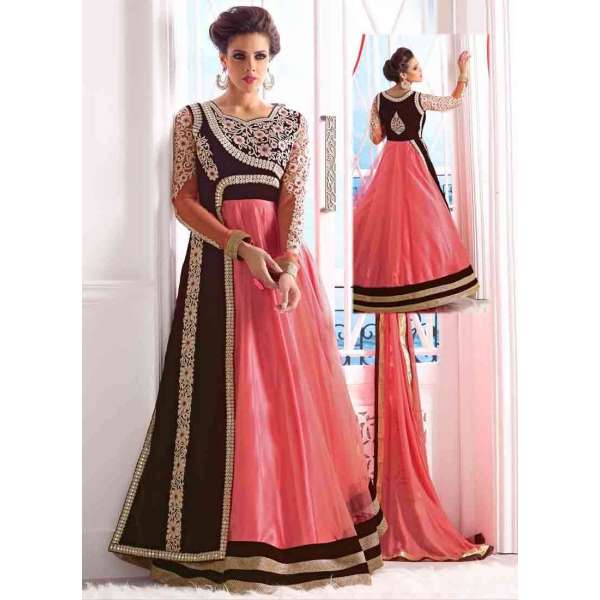 Pink and Brown WEDDING WEAR GEORGETTE & NET LONG ANARKALI SUIT